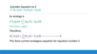 Its analogy is
s2 C2ϕ2(s) =
1
𝐿2
[ϕ1 (s) – ϕ2 (s)]
Put V(s)= s ϕ(s)
Therefore,
sC2 V2(s) =
1
𝑠𝐿2
[V1 (s) – V2 (s)]----------------------4
This force current analogous equation for equation number 2
Consider, Equation no 2
s2 𝑀2 X2(s) = K2(X1(s) – X2(s))
 
