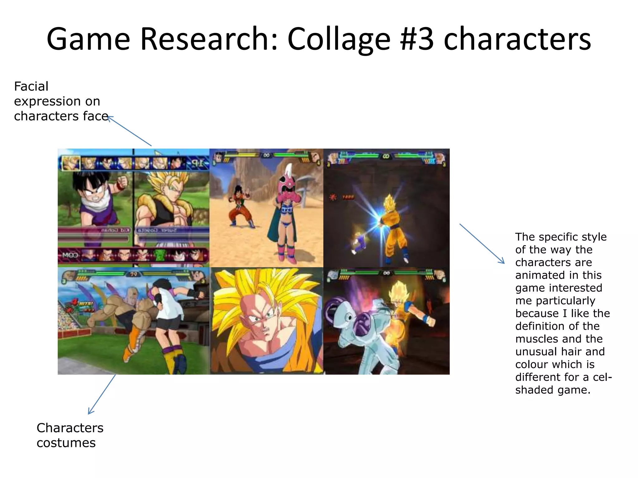 Game Research: Collage #3 characters
Facial
expression on
characters face
Characters
costumes
The specific style
of the way the
characters are
animated in this
game interested
me particularly
because I like the
definition of the
muscles and the
unusual hair and
colour which is
different for a cel-
shaded game.
 