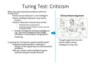 Turing Test: Criticism
What are some potential problems with the
Turing Test?
•Some human behavior is not intelligent.
•Some intelligent behavior may not be
human.
•Human observers may be easy to fool.
Imitate intelligence without intelligence.
E.g., the early chatbots ELIZA (1964)
simulates a conversation using pattern
matching.
Is passing the Turing test a good scientific goal?
•Engineering perspective: Imitating a
human is not a good way to solve practical
problems.
•We can create useful intelligent agents
•
without trying to imitate humans.
•
•
Alotdependson expectations.
Anthropomorphic fallacy: humans tend to
humanize things.
Chinese Room Argument
Thought experiment by John
Searle (1980): Imitate
intelligence using rules.
 