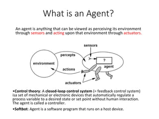 What is an Agent?
An agent is anything that can be viewed as perceiving its environment
through sensors and acting upon that environment through actuators.
•Control theory: A closed-loop control system (= feedback control system)
isa set of mechanical or electronic devices that automatically regulate a
process variable to a desired state or set point without human interaction.
The agent is called a controller.
•Softbot: Agent is a software program that runs on a host device.
 