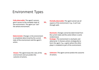 Environment Types
Fully observable: The agent's sensors
give it access to the complete state of
the environment. The agent can “see”
the whole environment.
vs.
Partially observable: The agent cannot see all
aspects of the environment. E.g., it can’t see
through walls
Deterministic: Changes in the environment
is completely determined by the current
state of the environment and the agent’s
action.
vs.
Stochastic: Changes cannot be determined from
the current state and the action (there is some
randomness).
Strategic: The environment is stochastic and
adversarial. It chooses actions strategically to
harm the agent. E.g., a game where the other
player is modeled as part of the environment.
Known: The agent knows the rules of the
environment and can predict the
outcome of actions.
vs. Unknown: The agent cannot predict the outcome
of actions.
 