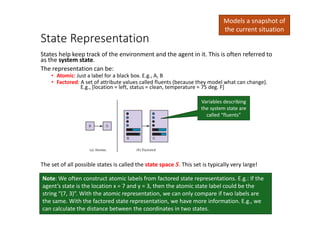State Representation
States help keep track of the environment and the agent in it. This is often referred to
as the system state.
The representation can be:
• Atomic: Just a label for a black box. E.g., A, B
• Factored: A set of attribute values called fluents (because they model what can change).
E.g., [location = left, status = clean, temperature = 75 deg. F]
Variables describing
the system state are
called “fluents”
The set of all possible states is called the state space 𝑺𝑺. This set is typically very large!
Models a snapshot of
the current situation
Note: We often construct atomic labels from factored state representations. E.g.: If the
agent’s state is the location x = 7 and y = 3, then the atomic state label could be the
string “(7, 3)”. With the atomic representation, we can only compare if two labels are
the same. With the factored state representation, we have more information. E.g., we
can calculate the distance between the coordinates in two states.
 
