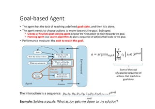 Goal-based Agent
• The agent has the task of reaching a defined goal state, and then it is done.
• The agent needs to choose actions to move towards the goal. Subtypes:
• Greedy or heuristic goal-seeking agent: Choose the next action to move towards the goal.
• Planning agent: Use search algorithms to plan a sequence of actions that leads to the goal.
• Performance measure: the cost to reach the goal.
𝑎𝑎 = argmin𝑎𝑎0∈A �
𝑡𝑡=0
𝑇𝑇
𝑐𝑐𝑡𝑡 � 𝑠𝑠𝑇𝑇∈ 𝑆𝑆𝑔𝑔𝑔𝑔𝑎𝑎𝑔𝑔
Sum of the cost
of a planed sequence of
actions that leads to a
goal state
The interaction is a sequence: 𝑝𝑝0, 𝑠𝑠0, 𝑎𝑎0, 𝑝𝑝1, 𝑠𝑠1, 𝑎𝑎1, 𝑝𝑝2, 𝑠𝑠2, 𝑎𝑎2, … , 𝑠𝑠𝑔𝑔𝑔𝑔𝑎𝑎𝑔𝑔
Example: Solving a puzzle. What action gets me closer to the solution?
cost
Plan or
heuristic
 