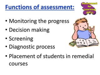 • Monitoring the progress
• Decision making
• Screening
• Diagnostic process
• Placement of students in remedial
courses
Functions of assessment:
 