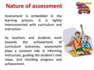 Nature of assessment
Assessment is embedded in the
learning process. It is tightly
interconnected with curriculum and
instruction.
As teachers and students work
towards the achievement of
curriculum outcomes, assessment
plays a constant role in informing
instruction, guiding the student’s next
steps, and checking progress and
achievement.
 