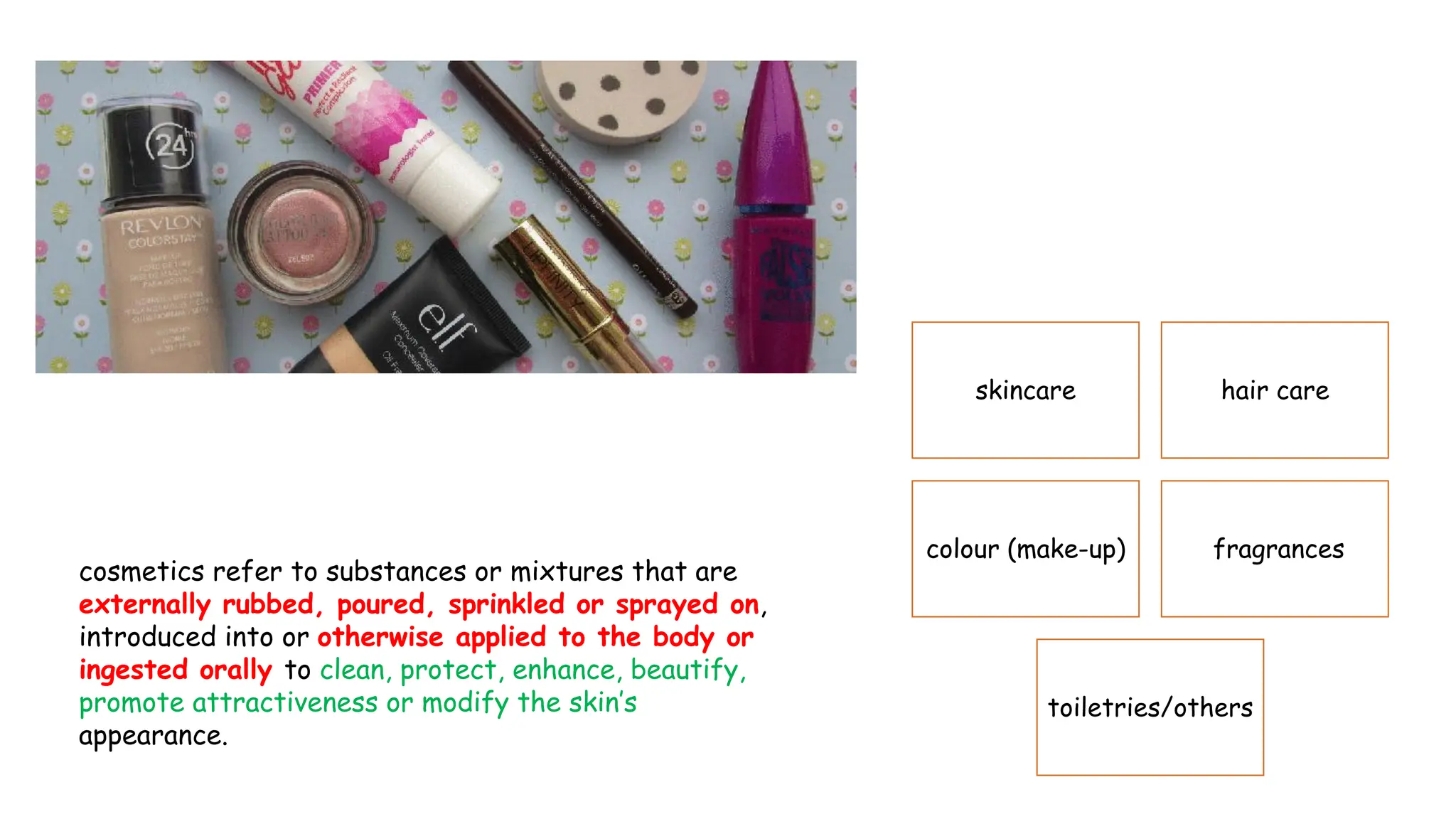 cosmetics refer to substances or mixtures that are
externally rubbed, poured, sprinkled or sprayed on,
introduced into or otherwise applied to the body or
ingested orally to clean, protect, enhance, beautify,
promote attractiveness or modify the skin’s
appearance.
skincare hair care
colour (make-up) fragrances
toiletries/others
 
