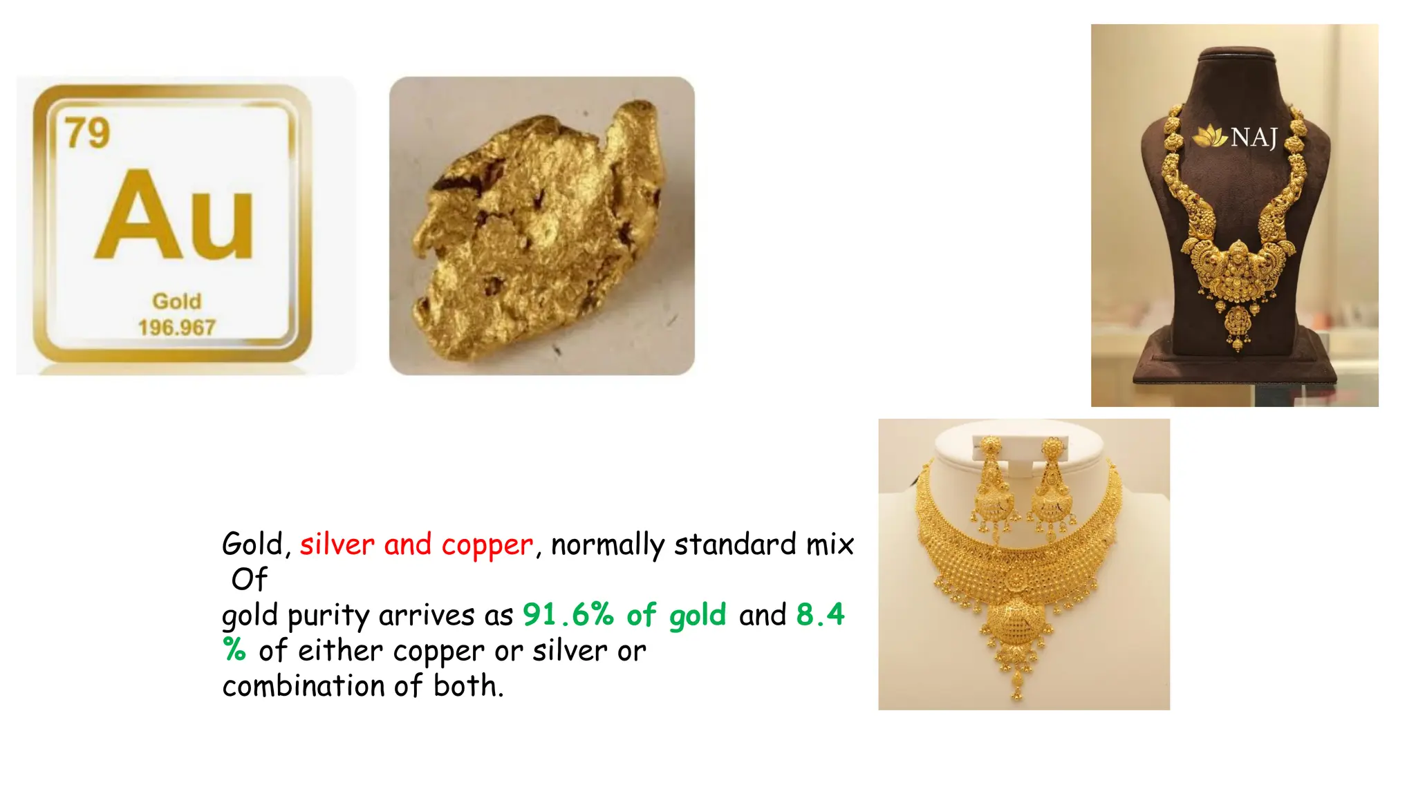 Gold, silver and copper, normally standard mix
Of
gold purity arrives as 91.6% of gold and 8.4
% of either copper or silver or
combination of both.
 