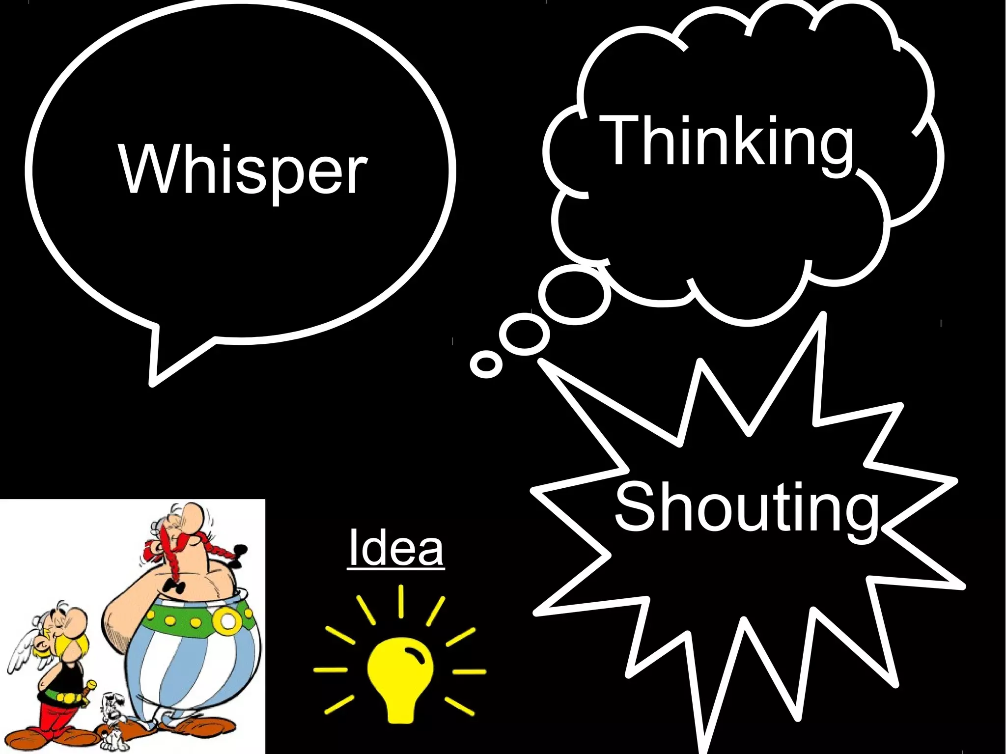 5.- Draw a character (or get on from Internet) with
different-shaped speech bubbles or balloons.
In each one, add the words. "Where are you going?".
Briefly explain the different effects that each type of
bubble makes.
Whisper Thinking
Shouting
Idea
 
