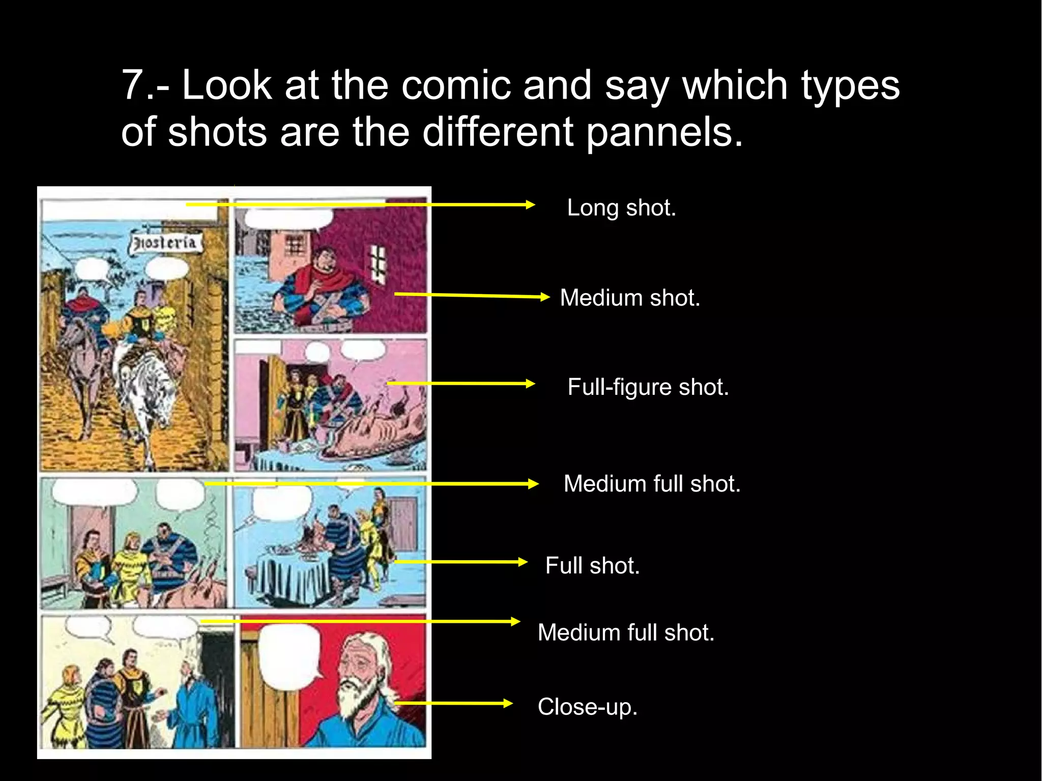 7.- Look at the comic and say which types
of shots are the different pannels.
Long shot.
Medium full shot.
Medium shot.
Close-up.
Full-figure shot.
Full shot.
Medium full shot.
 