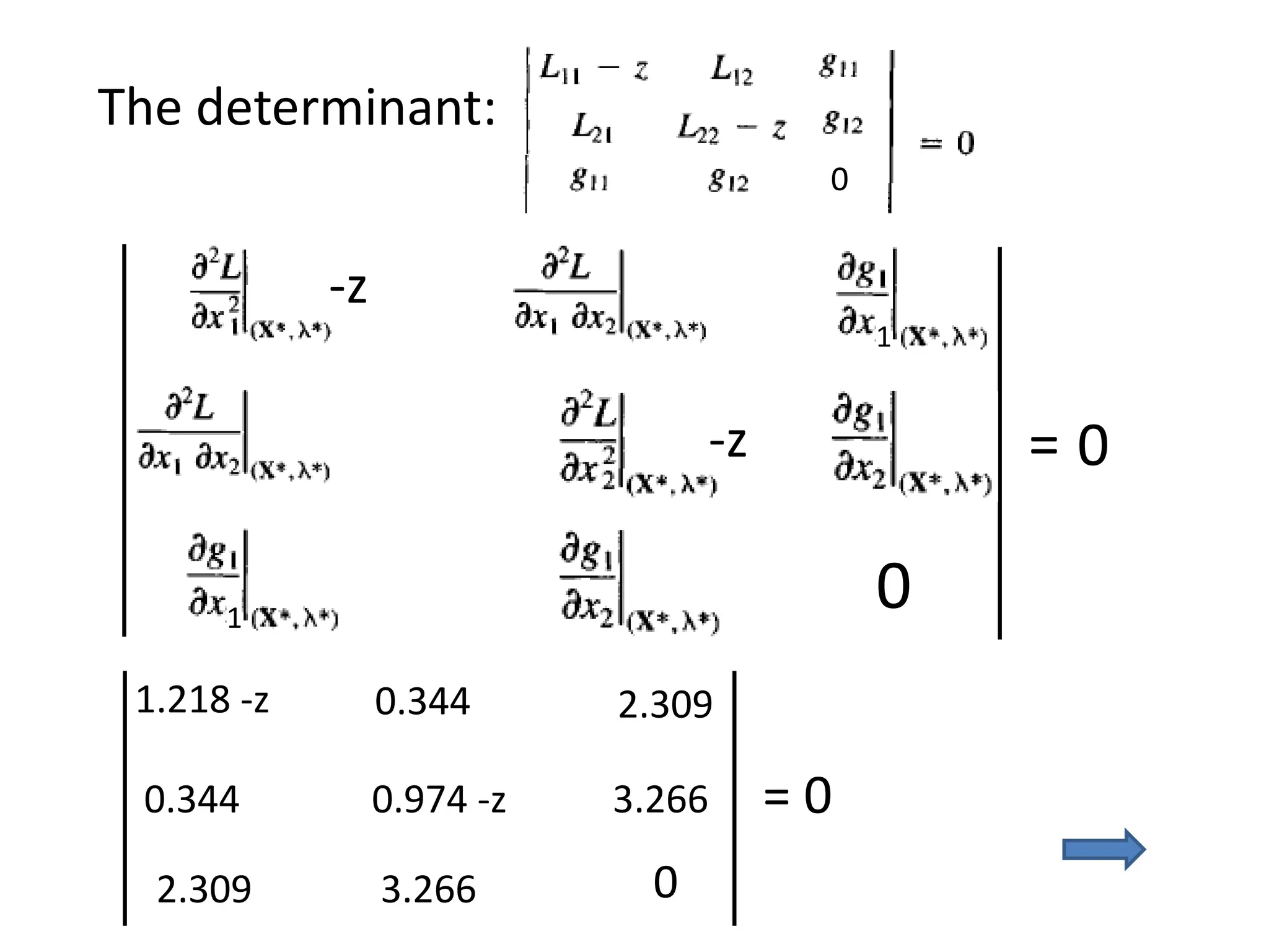 The determinant:
0
-z
-z =
0
1
1
0
1.218 -z 0.344
0.344 0.974 -z
2.309 3.266
2.309
3.266
0
= 0
 