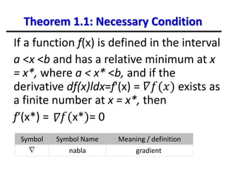 Theorem 1.1: Necessary Condition
If a function f(x) is defined in the interval
a <x <b and has a relative minimum at x
= x*, where a < x* <b, and if the
derivative df(x)ldx=f'(x) = 𝛻𝑓(𝑥) exists as
a finite number at x = x*, then
f‘(x*) = 𝑓(x*)= 0
Symbol Symbol Name Meaning / definition
∇ nabla gradient
𝛻
 