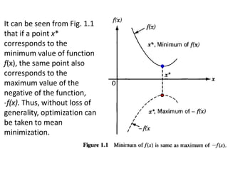 It can be seen from Fig. 1.1
that if a point x*
corresponds to the
minimum value of function
f(x), the same point also
corresponds to the
maximum value of the
negative of the function,
-f(x). Thus, without loss of
generality, optimization can
be taken to mean
minimization.
 
