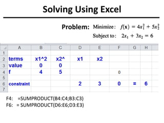 Solving Using Excel
F4: =SUMPRODUCT(B4:C4;B3:C3)
F6: = SUMPRODUCT(D6:E6;D3:E3)
Problem:
 