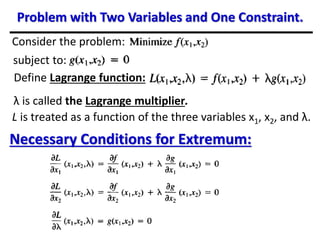 Problem with Two Variables and One Constraint.
Consider the problem:
subject to:
λ is called the Lagrange multiplier.
Define Lagrange function:
L is treated as a function of the three variables x1, x2, and λ.
Necessary Conditions for Extremum:
 