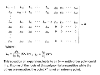 Where:
This equation on expansion, leads to an (n — m)th-order polynomial
in z. If some of the roots of this polynomial are positive while the
others are negative, the point X* is not an extreme point.
,
 