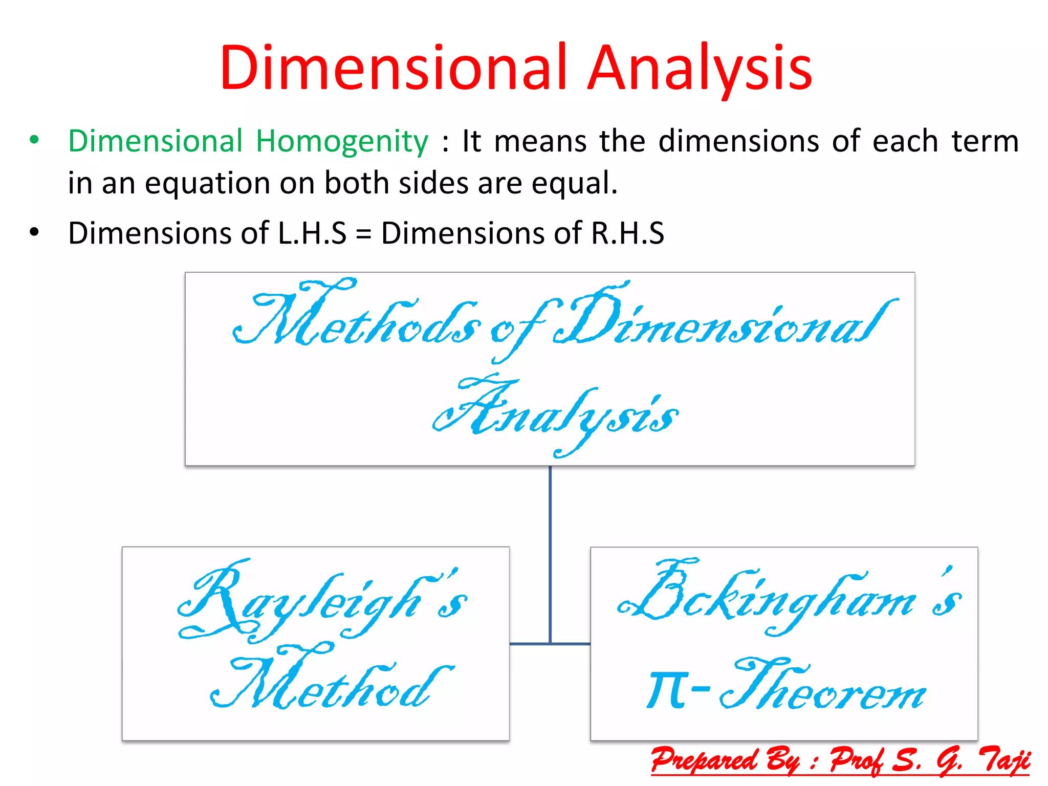 Dimensional Analysis
• Dimensional Homogenity : It means the dimensions of each term
in an equation on both sides are equal.
• Dimensions of L.H.S = Dimensions of R.H.S
Methodsof Dimensional
Analysis
Rayleigh’s
Method
Bckingham’s
π-Theorem
Prepared By : Prof S. G. Taji
 