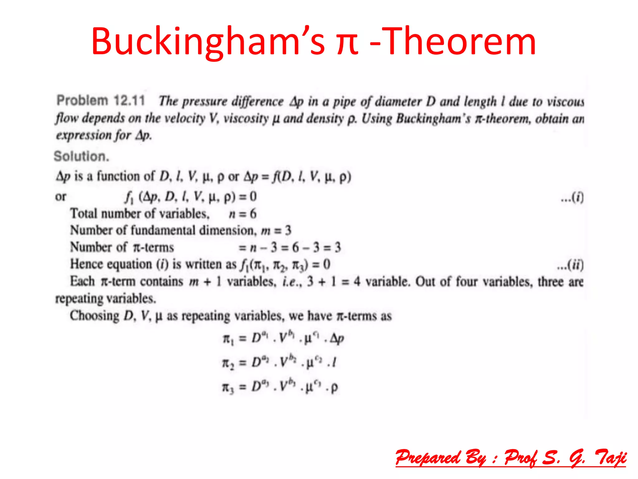 Buckingham’s π -Theorem
Prepared By : Prof S. G. Taji
 
