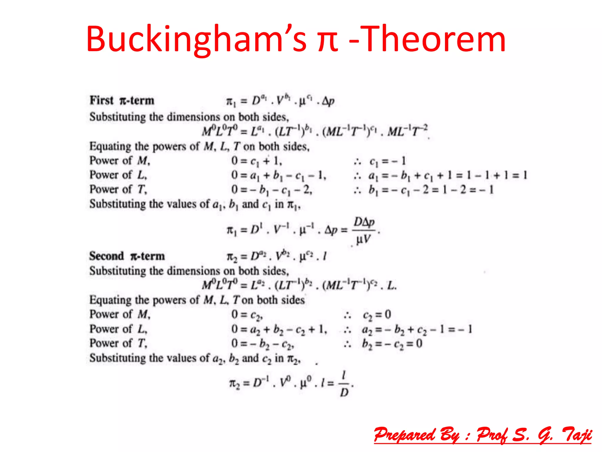 Buckingham’s π -Theorem
Prepared By : Prof S. G. Taji
 