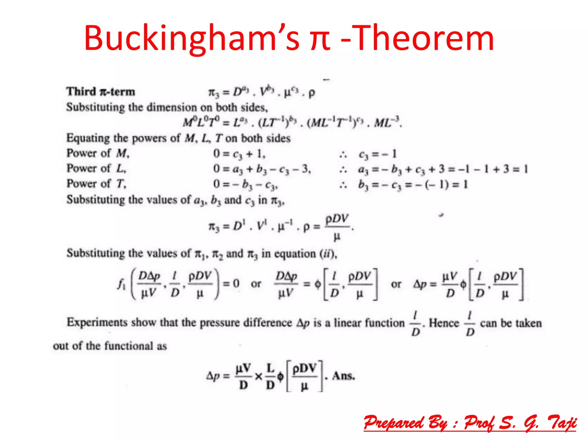 Buckingham’s π -Theorem
Prepared By : Prof S. G. Taji
 