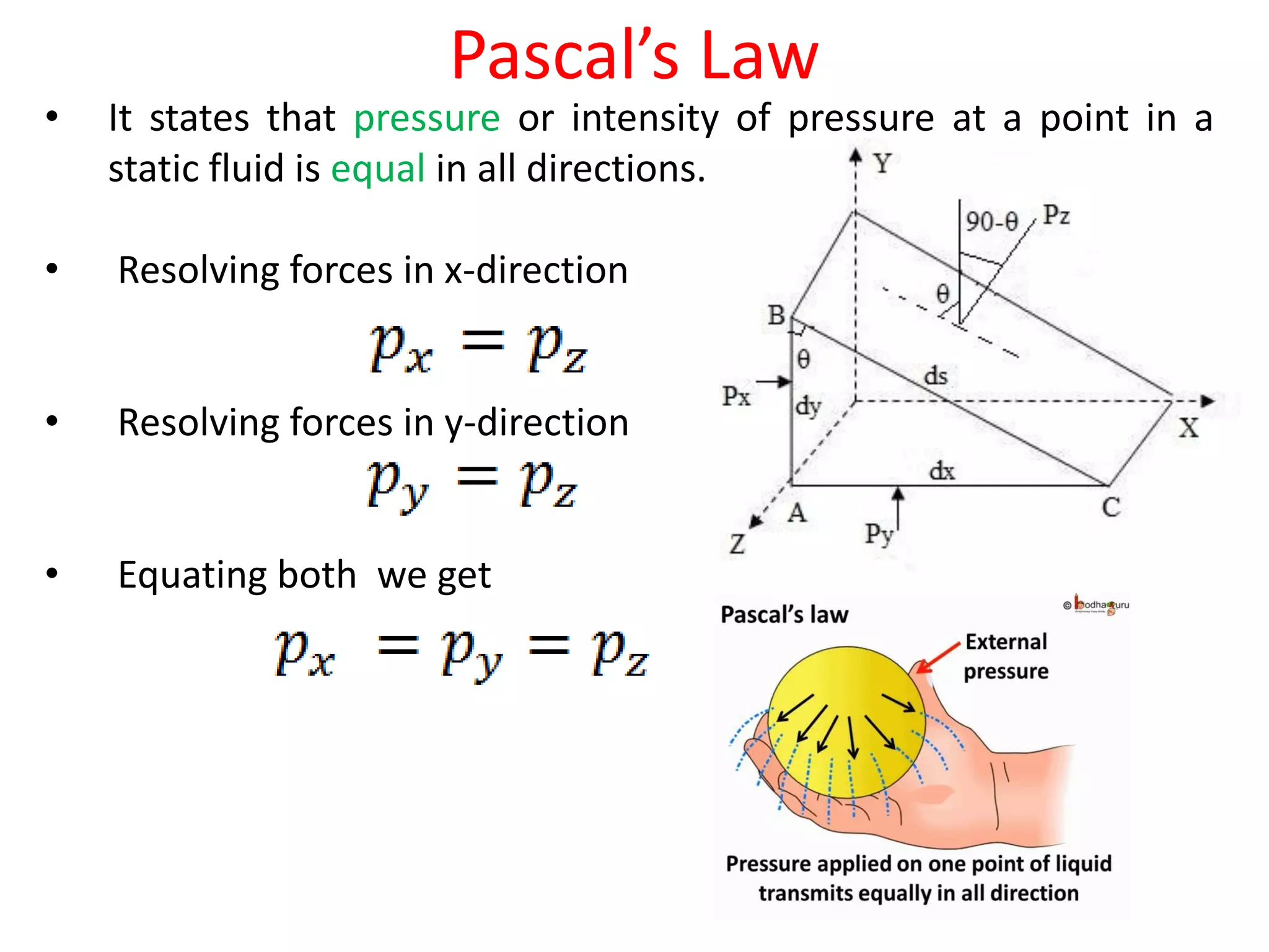 Pascal’s Law
• It states that pressure or intensity of pressure at a point in a
static fluid is equal in all directions.
• Resolving forces in x-direction
• Resolving forces in y-direction
• Equating both we get
 