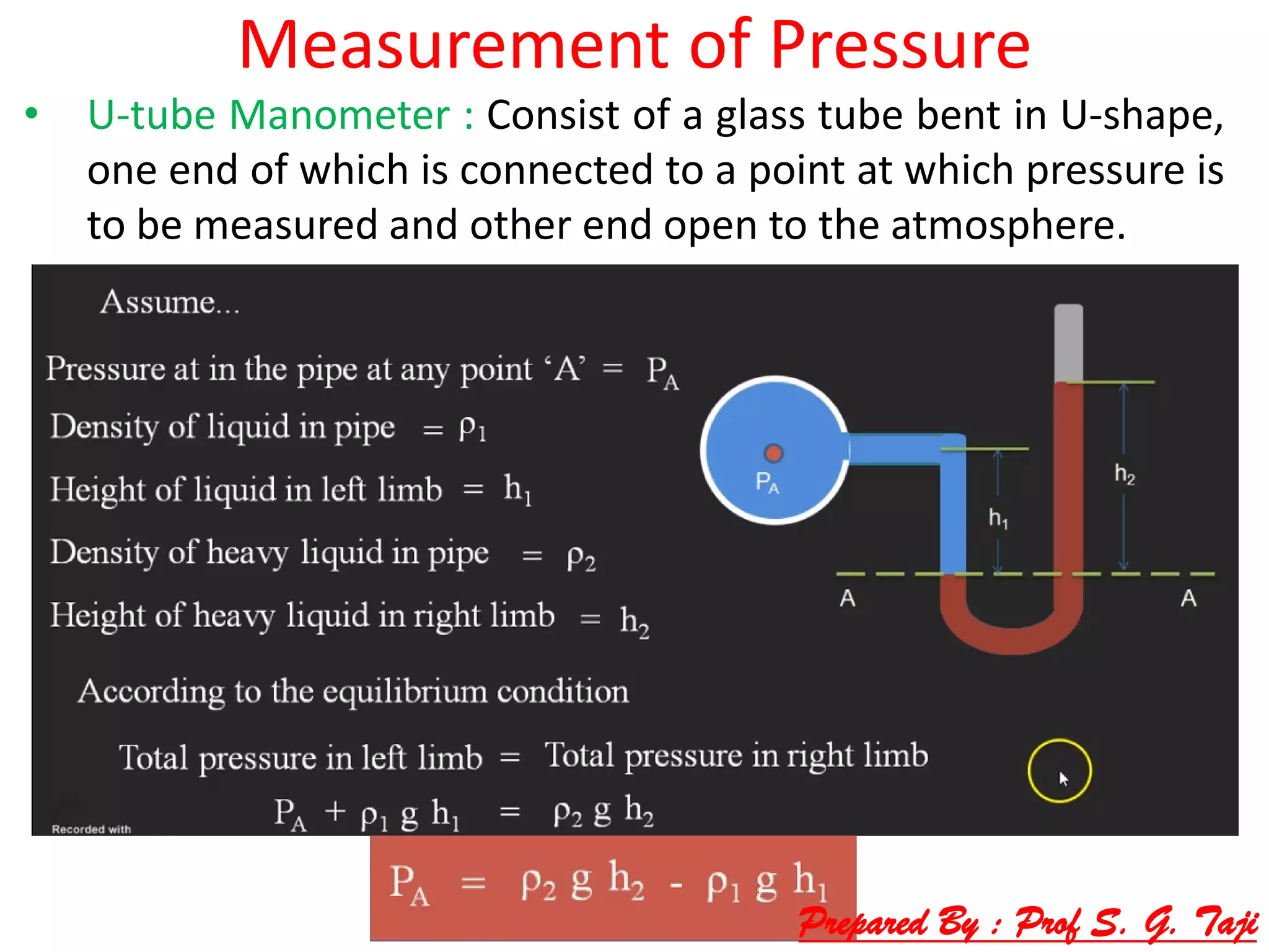 Measurement of Pressure
• U-tube Manometer : Consist of a glass tube bent in U-shape,
one end of which is connected to a point at which pressure is
to be measured and other end open to the atmosphere.
Prepared By : Prof S. G. Taji
 