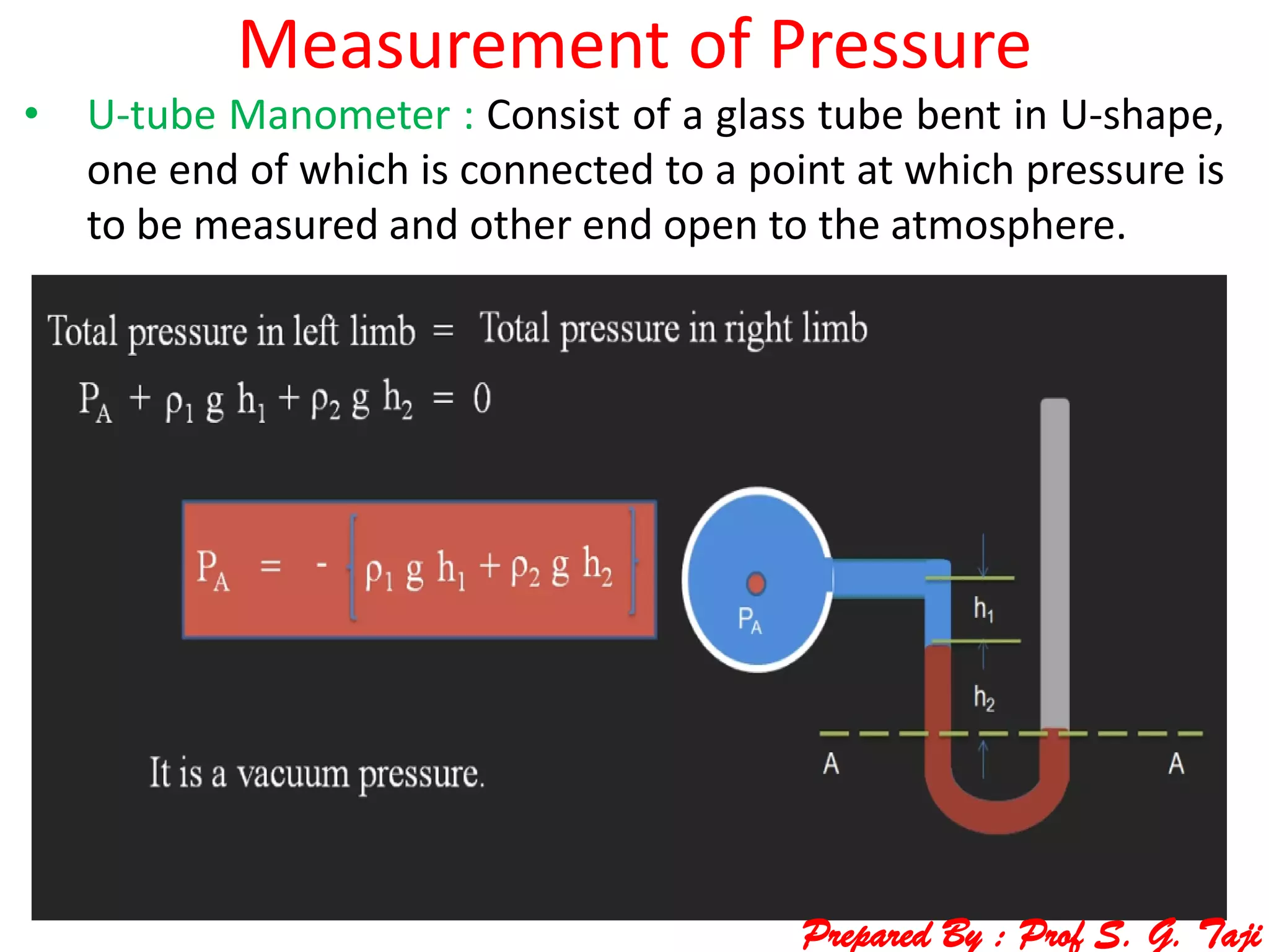 Measurement of Pressure
• U-tube Manometer : Consist of a glass tube bent in U-shape,
one end of which is connected to a point at which pressure is
to be measured and other end open to the atmosphere.
Prepared By : Prof S. G. Taji
 