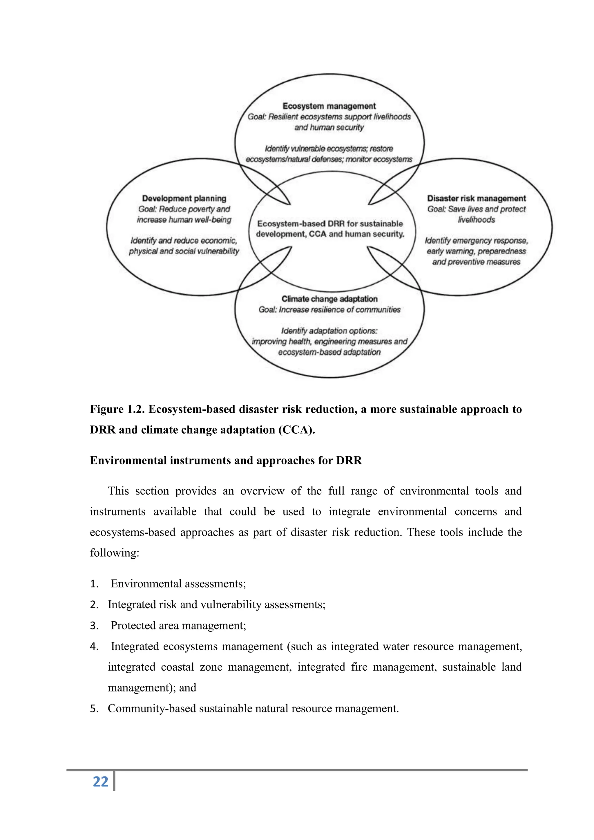 22
Figure 1.2. Ecosystem-based disaster risk reduction, a more sustainable approach to
DRR and climate change adaptation (CCA).
Environmental instruments and approaches for DRR
This section provides an overview of the full range of environmental tools and
instruments available that could be used to integrate environmental concerns and
ecosystems-based approaches as part of disaster risk reduction. These tools include the
following:
1. Environmental assessments;
2. Integrated risk and vulnerability assessments;
3. Protected area management;
4. Integrated ecosystems management (such as integrated water resource management,
integrated coastal zone management, integrated fire management, sustainable land
management); and
5. Community-based sustainable natural resource management.
 