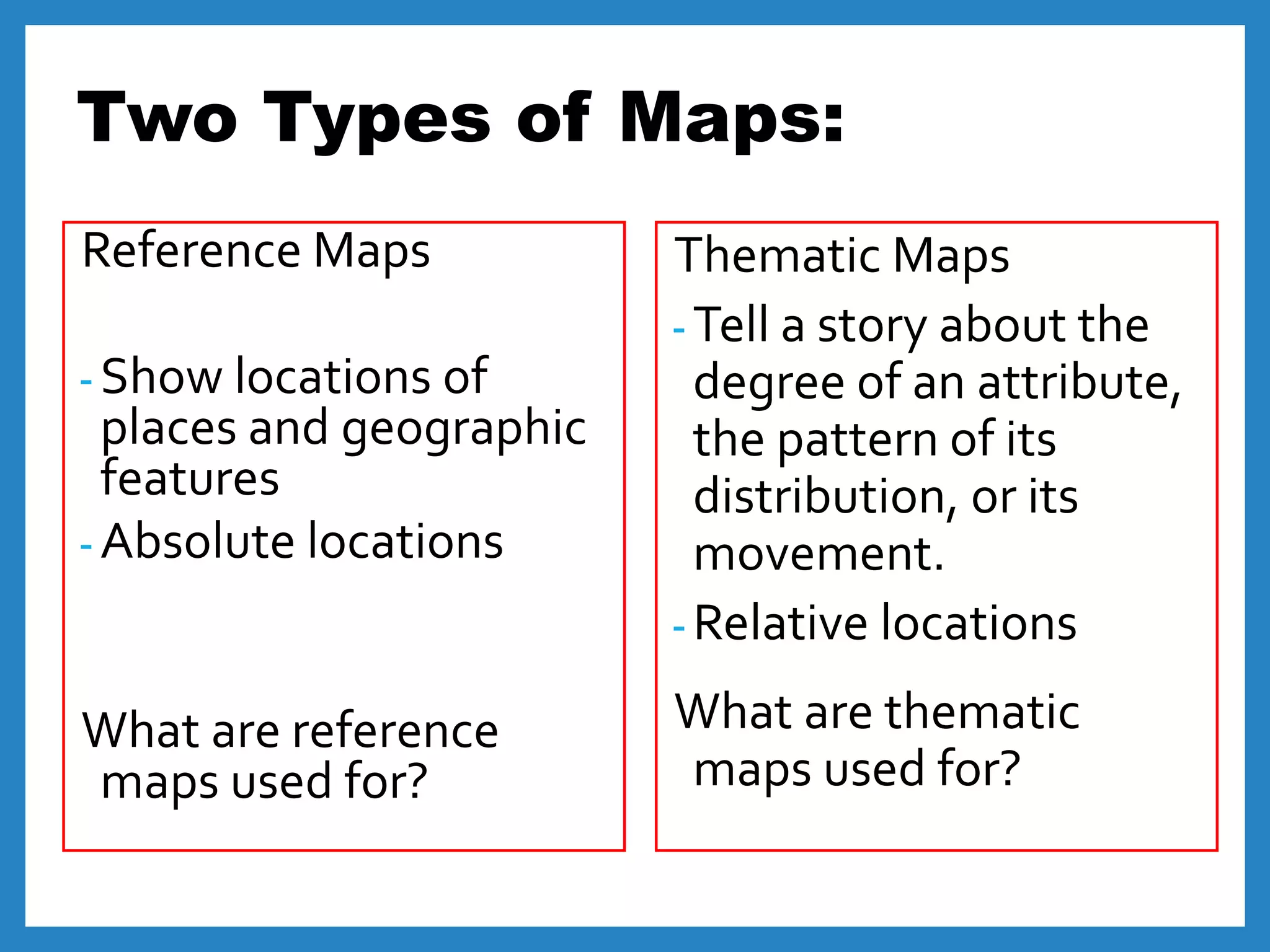 Two Types of Maps:
Reference Maps
- Show locations of
places and geographic
features
- Absolute locations
What are reference
maps used for?
Thematic Maps
- Tell a story about the
degree of an attribute,
the pattern of its
distribution, or its
movement.
- Relative locations
What are thematic
maps used for?
 