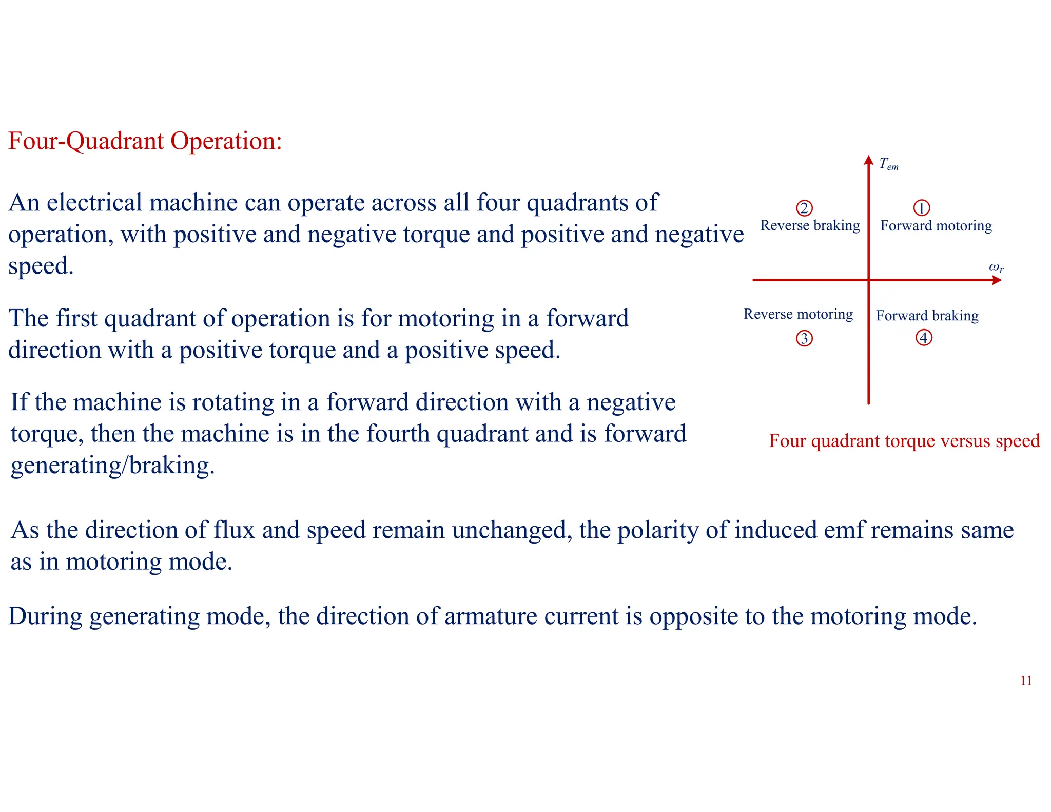 11
Four quadrant torque versus speed
Four-Quadrant Operation:
An electrical machine can operate across all four quadrants of
operation, with positive and negative torque and positive and negative
speed.
The first quadrant of operation is for motoring in a forward
direction with a positive torque and a positive speed.
If the machine is rotating in a forward direction with a negative
torque, then the machine is in the fourth quadrant and is forward
generating/braking.
ωr
Tem
Forward motoring
Forward braking
Reverse braking
Reverse motoring
As the direction of flux and speed remain unchanged, the polarity of induced emf remains same
as in motoring mode.
During generating mode, the direction of armature current is opposite to the motoring mode.
 