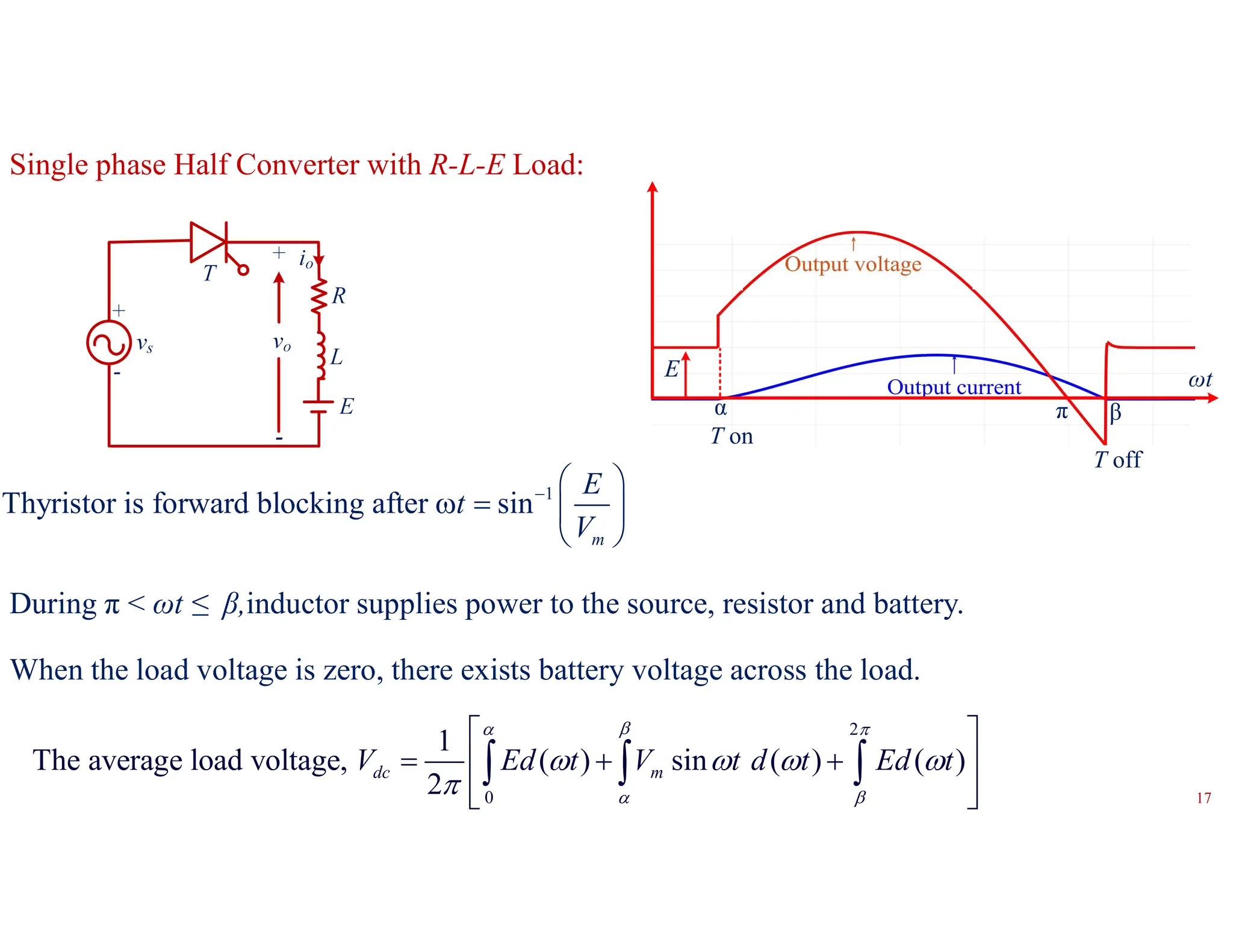 ωt
π
T on
T off
α β
E
Single phase Half Converter with R-L-E Load:
1
Thyristor is forward blocking after sin
m
E
t
V
  
   
 
During π < ωt ≤ β,inductor supplies power to the source, resistor and battery.
2
0
1
The average load voltage, ( ) sin ( ) ( )
2
dc m
V Ed t V t d t Ed t
 
  
 
 
 
  

 
 
   

When the load voltage is zero, there exists battery voltage across the load.
17
 