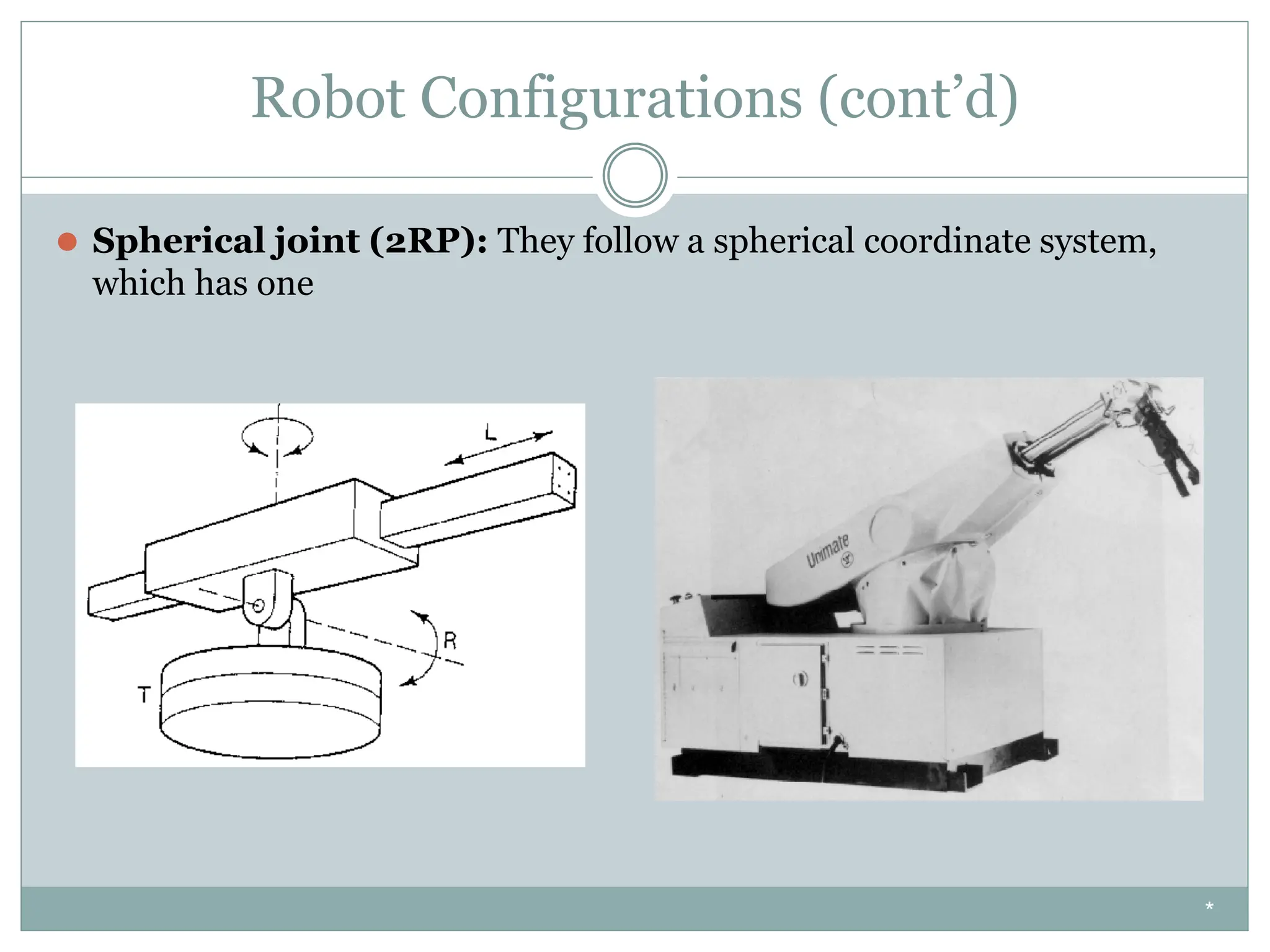 Robot Configurations (cont’d)
⚫ Spherical joint (2RP): They follow a spherical coordinate system,
which has one
*
 