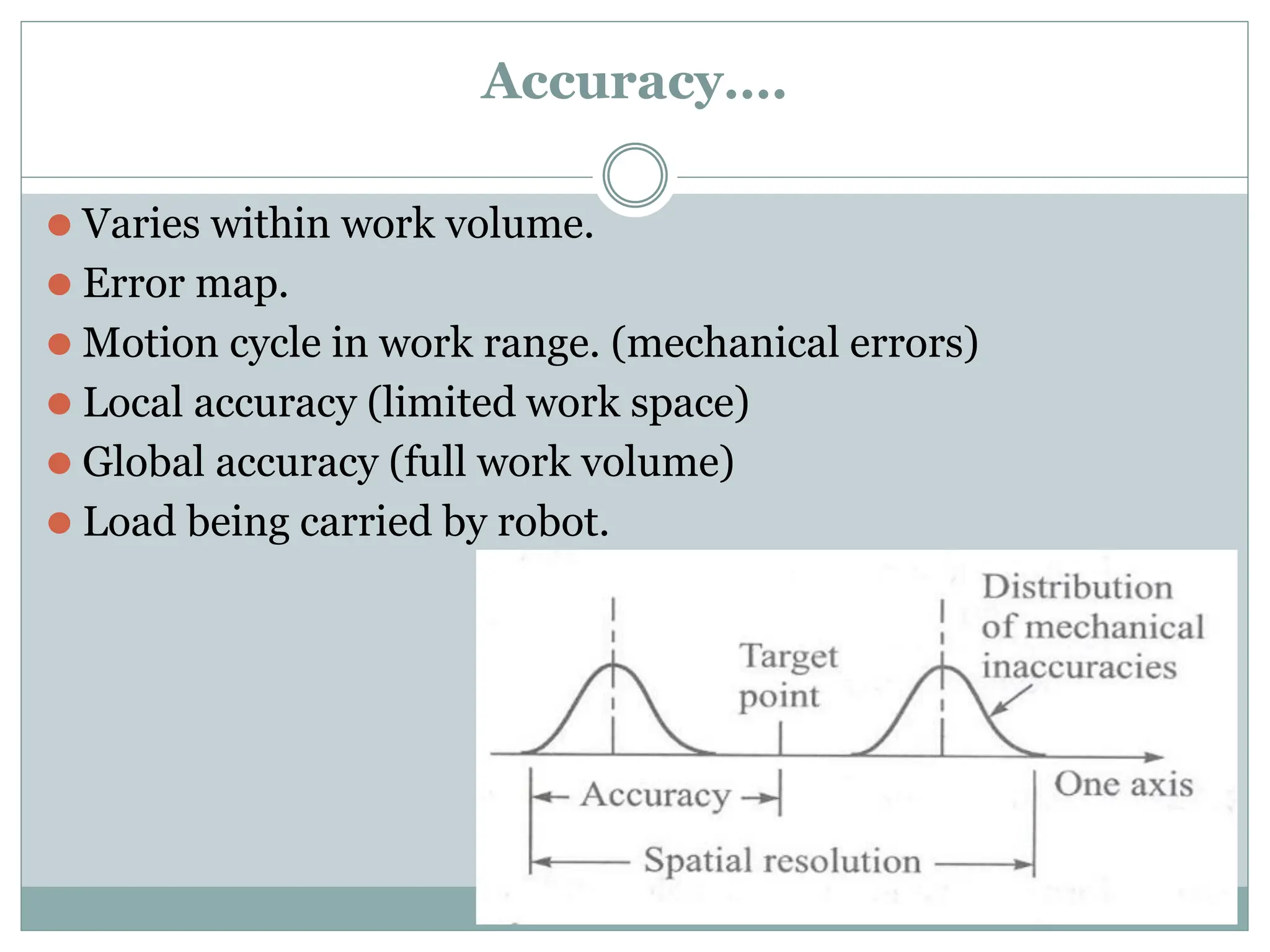 Accuracy….
⚫ Varies within work volume.
⚫ Error map.
⚫ Motion cycle in work range. (mechanical errors)
⚫ Local accuracy (limited work space)
⚫ Global accuracy (full work volume)
⚫ Load being carried by robot.
 