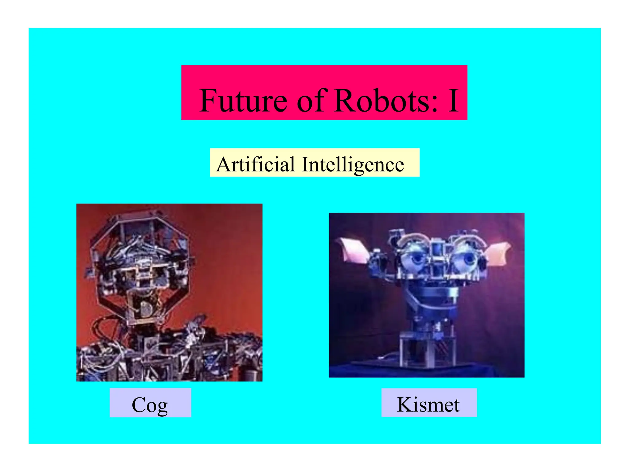 Future of Robots: I
Cog Kismet
Artificial Intelligence
 