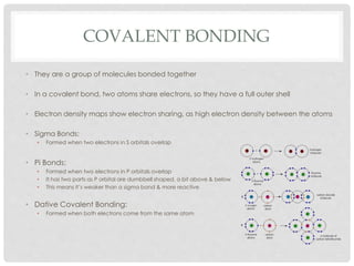 COVALENT BONDING
• They are a group of molecules bonded together
• In a covalent bond, two atoms share electrons, so they ...
