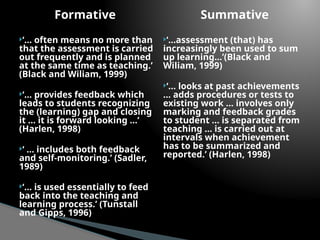 Formative
‘… often means no more than
that the assessment is carried
out frequently and is planned
at the same time as teaching.’
(Black and Wiliam, 1999)
‘… provides feedback which
leads to students recognizing
the (learning) gap and closing
it … it is forward looking …’
(Harlen, 1998)
‘ … includes both feedback
and self-monitoring.’ (Sadler,
1989)
‘… is used essentially to feed
back into the teaching and
learning process.’ (Tunstall
and Gipps, 1996)
Summative
‘…assessment (that) has
increasingly been used to sum
up learning…’(Black and
Wiliam, 1999)
‘… looks at past achievements
… adds procedures or tests to
existing work ... involves only
marking and feedback grades
to student … is separated from
teaching … is carried out at
intervals when achievement
has to be summarized and
reported.’ (Harlen, 1998)
 