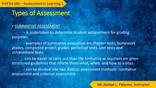 Types of Assessment
• SUMMATIVE ASSESSMENT
- is undertaken to determine student achievement for grading
purposes.
- examples of summative evaluation are chapter tests, homework
grades, completed project grades, periodical tests, unit tests and
achievement tests.
-can be easier to carry out than the formative as teachers are given
structured guidelines that inform them what, when, and how to assess.
- can be divided into two distinct assessment methods: normative
assessment and criterion assessment.
 