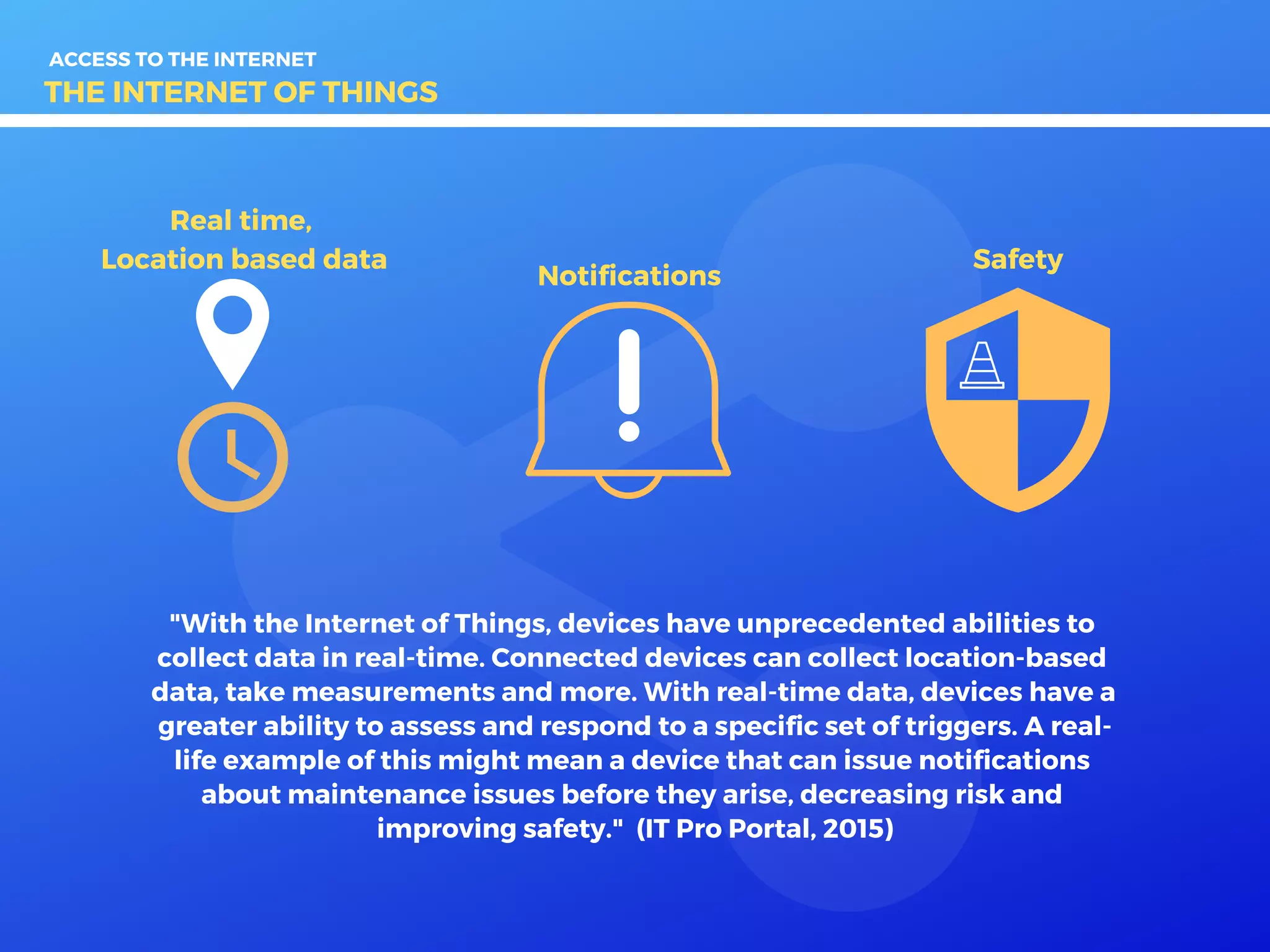THE INTERNET OF THINGS
Real time,
Location based data
Notifications
Safety
"With the Internet of Things, devices have unprecedented abilities to
collect data in real-time. Connected devices can collect location-based
data, take measurements and more. With real-time data, devices have a
greater ability to assess and respond to a specific set of triggers. A real-
life example of this might mean a device that can issue notifications
about maintenance issues before they arise, decreasing risk and
improving safety." (IT Pro Portal, 2015)
ACCESS TO THE INTERNET
 