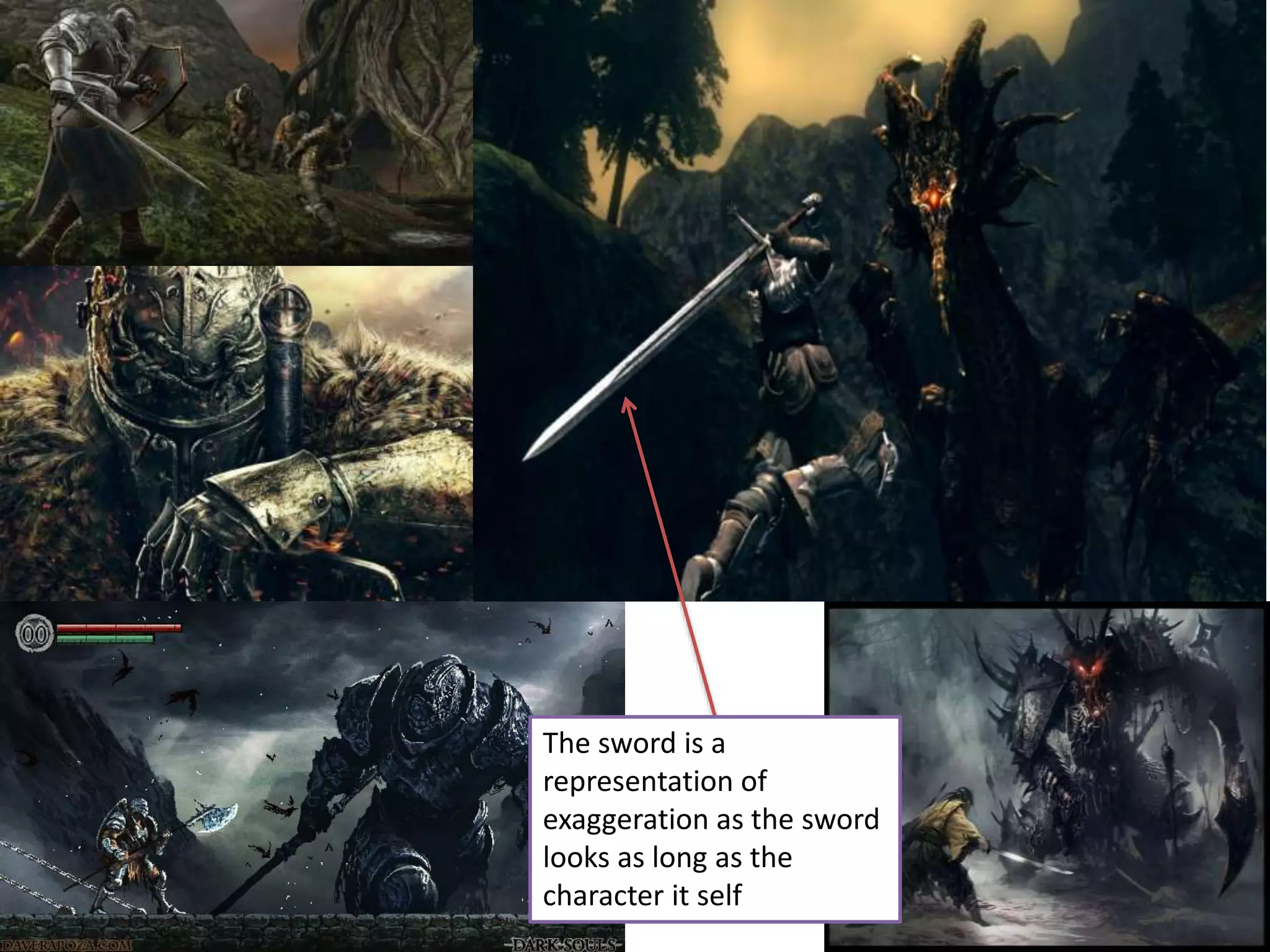 The sword is a
representation of
exaggeration as the sword
looks as long as the
character it self
 