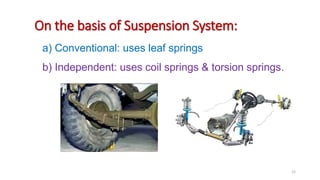 a) Conventional: uses leaf springs
b) Independent: uses coil springs & torsion springs.
On the basis of Suspension System:
12
 