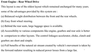 Front Engine - Rear Wheel Drive
This layout is one of the oldest layout which remained unchanged for many years.
some of the advantages provided by this system are :
(a) Balanced weight distribution between the front and the rear wheels.
(b) Easy front wheel steering.
(c) Behind the rear seats, large luggage space is available.
(d) Accessibility to various components like engine, gearbox and rear axle is better
in comparison to other layouts. The control linkages-accelerator, choke, clutch and
gearbox are short and simple.
(e) Full benefits of the natural air stream created by vehicle’s movement is taken by
the forward radiator resulting in reduced power losses from a large fan. 31
 