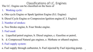 Classifications of I.C. Engines
The I.C. Engine can be classified on the basis of
1. Working cycle:
a. Otto cycle Engine or Spark Ignition Engine (S.I. Engine)
b. Diesel Cycle Engine or Compression Ignition engine (C.I. Engine)
2. Number of strokes:
a. Two Stroke engine, b. Four Stroke engine.
3. Fuel used:
a. Liquefied petrol engines, b. Diesel engines, c. Gasoline or petrol,
b. d. Compressed Natural gas engines, e. Methane or ethanol engines.
4. Fuel supply system:
a. Fuel supply through carburetor, b. Fuel injected by Fuel injecting pump. 37
 