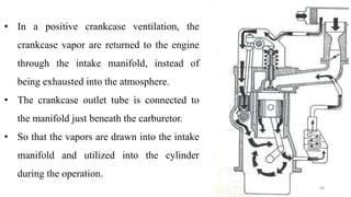 • In a positive crankcase ventilation, the
crankcase vapor are returned to the engine
through the intake manifold, instead of
being exhausted into the atmosphere.
• The crankcase outlet tube is connected to
the manifold just beneath the carburetor.
• So that the vapors are drawn into the intake
manifold and utilized into the cylinder
during the operation.
68
 
