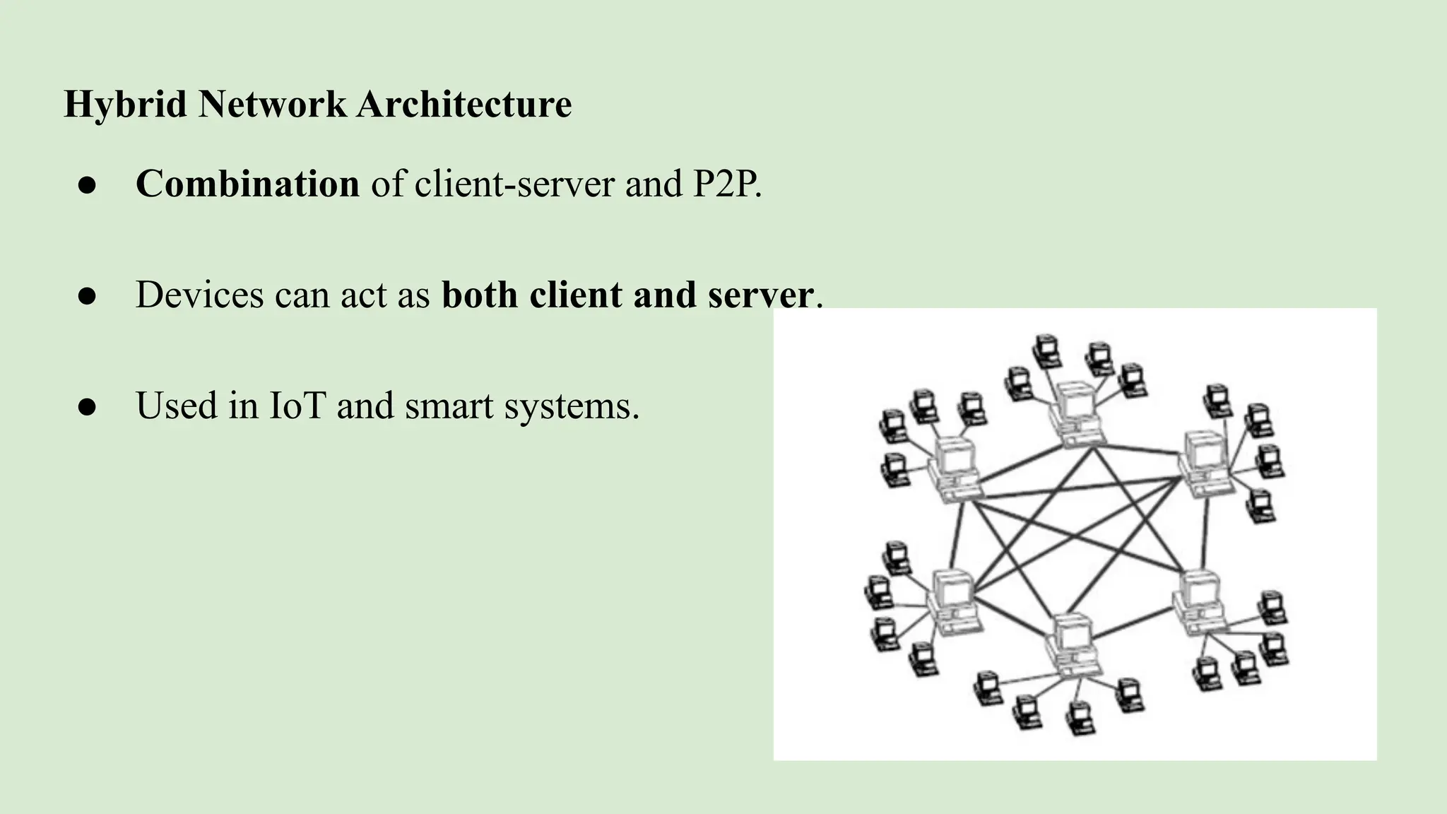 Hybrid Network Architecture
● Combination of client-server and P2P.
● Devices can act as both client and server.
● Used in IoT and smart systems.
 