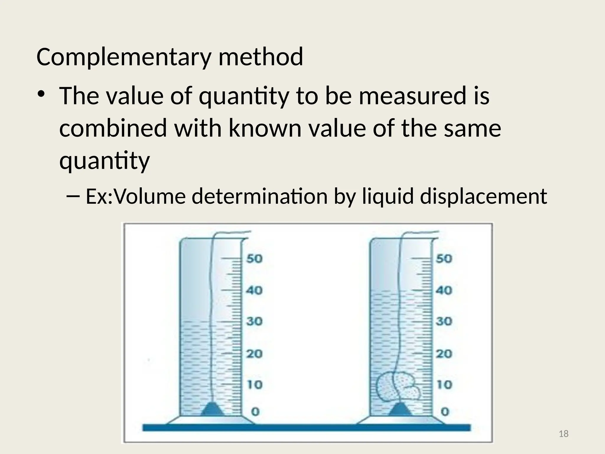 Complementary method
• The value of quantity to be measured is
combined with known value of the same
quantity
– Ex:Volume determination by liquid displacement
18
 