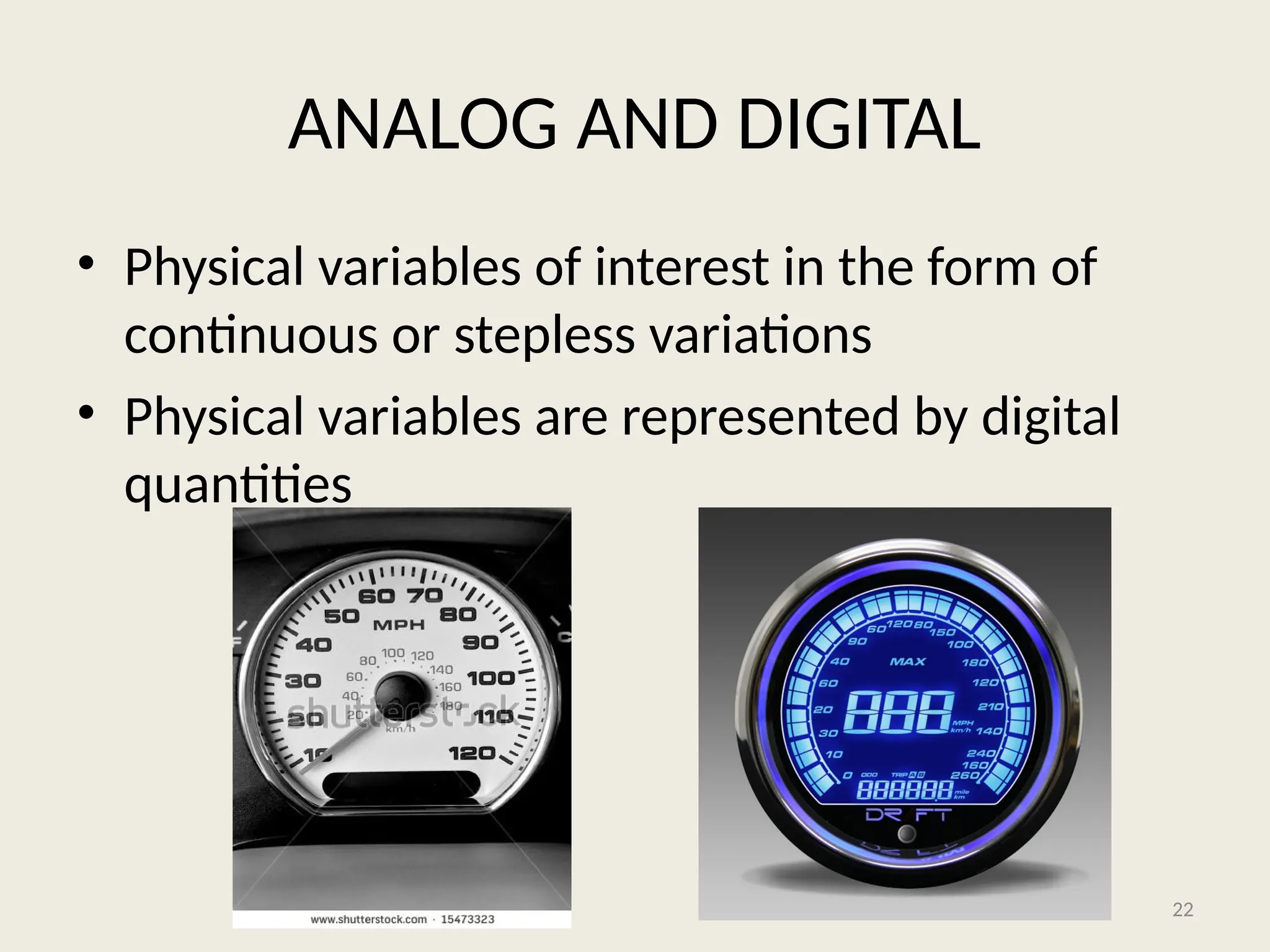 ANALOG AND DIGITAL
• Physical variables of interest in the form of
continuous or stepless variations
• Physical variables are represented by digital
quantities
22
 