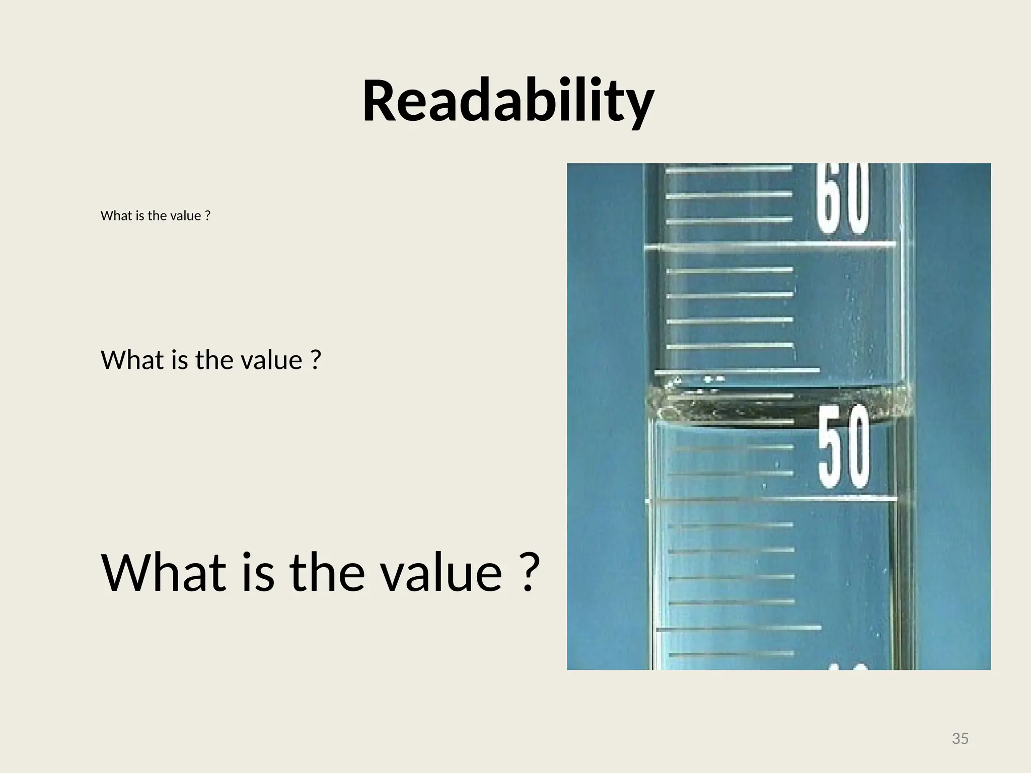 Readability
What is the value ?
What is the value ?
What is the value ?
35
 