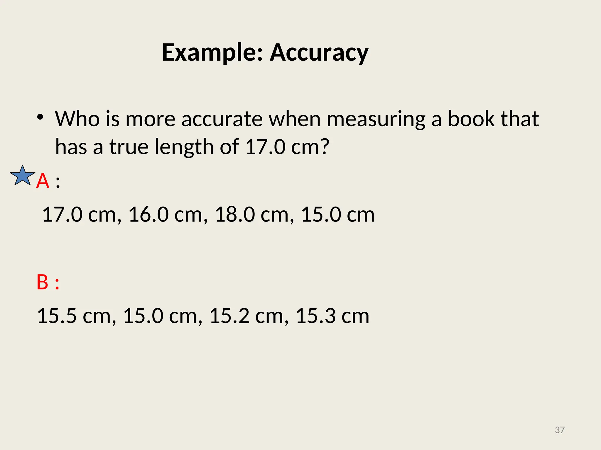 Example: Accuracy
• Who is more accurate when measuring a book that
has a true length of 17.0 cm?
A :
17.0 cm, 16.0 cm, 18.0 cm, 15.0 cm
B ::
15.5 cm, 15.0 cm, 15.2 cm, 15.3 cm
37
 