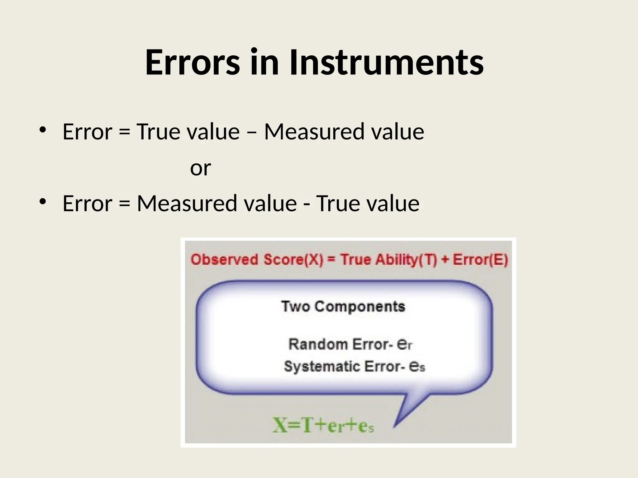 Errors in Instruments
• Error = True value – Measured value
or
• Error = Measured value - True value
 