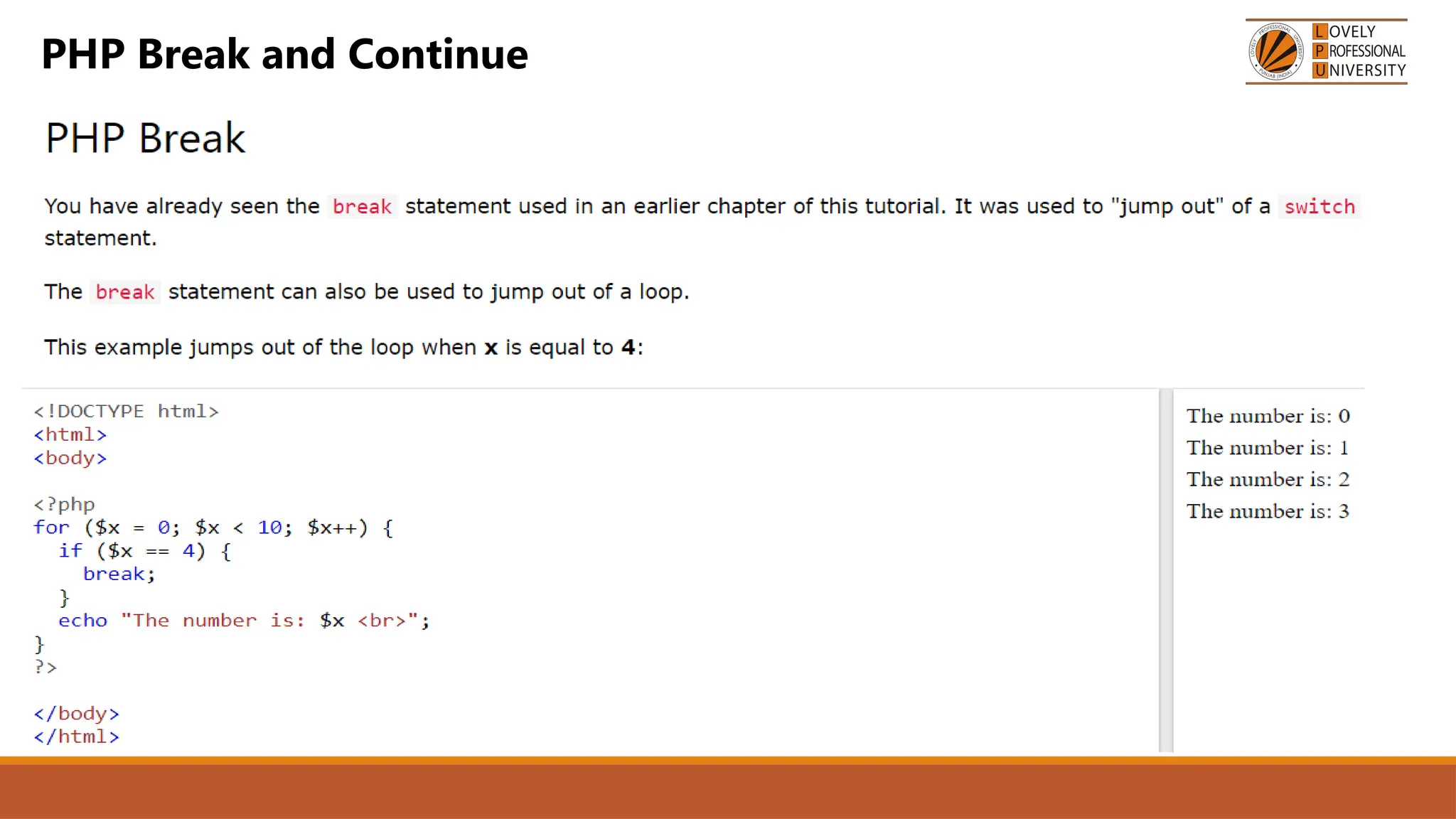 PHP Break and Continue
 