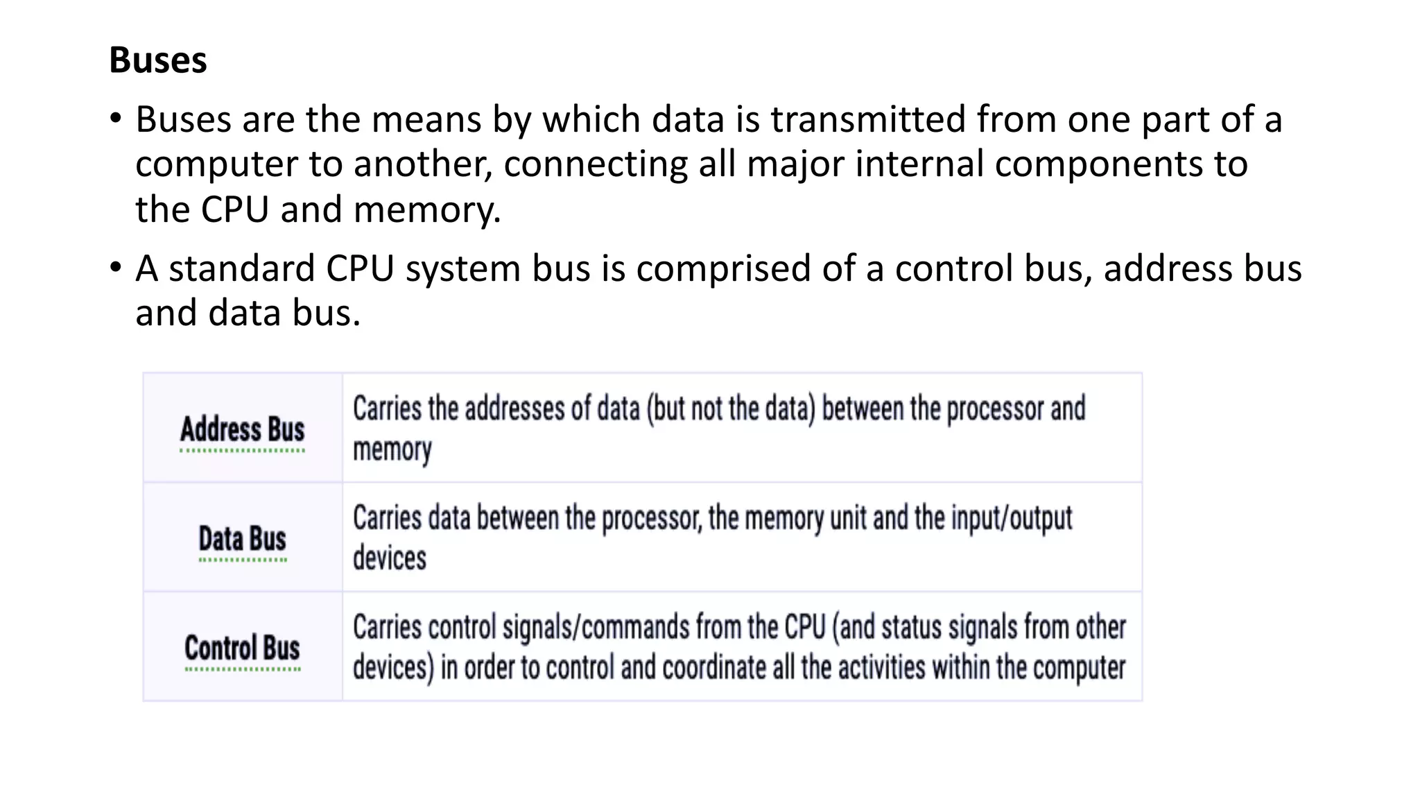 Buses
• Buses are the means by which data is transmitted from one part of a
computer to another, connecting all major internal components to
the CPU and memory.
• A standard CPU system bus is comprised of a control bus, address bus
and data bus.
 